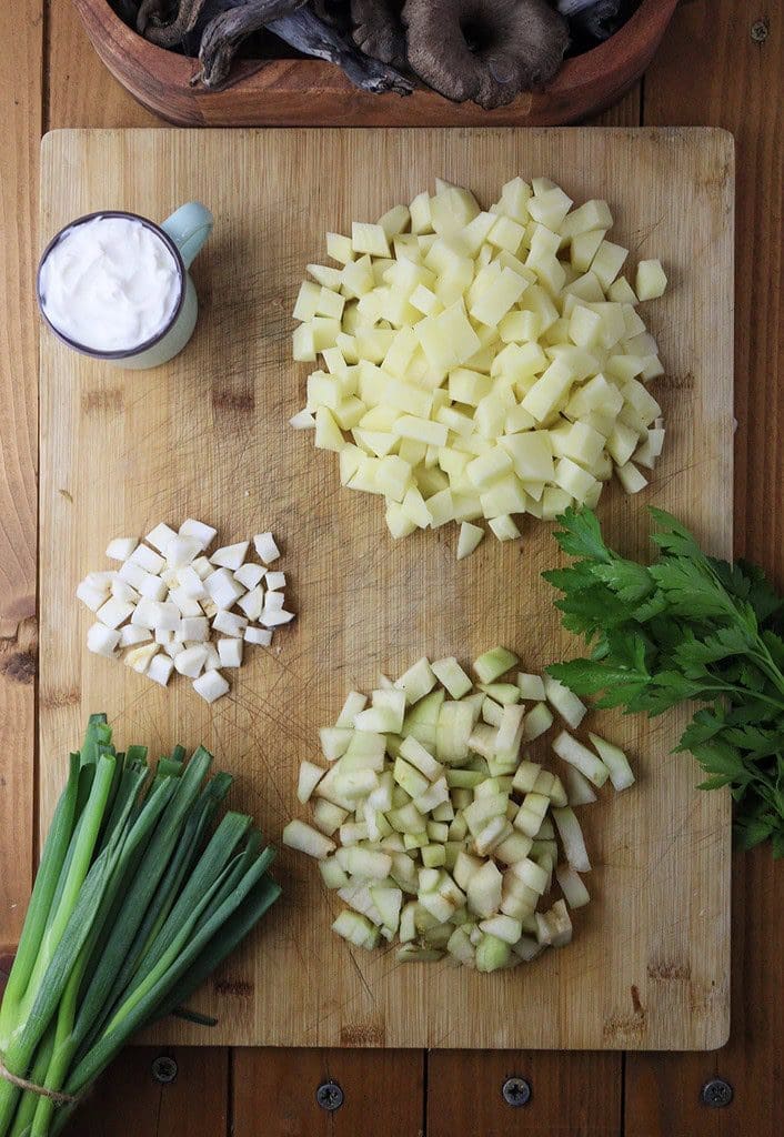 image showing how to dice the potatoes, pear and parsnip